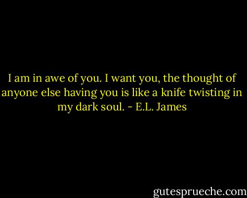 I am in awe of you. I want you, the thought of anyone else having you is like a knife twisting in my dark soul. - E.L. James