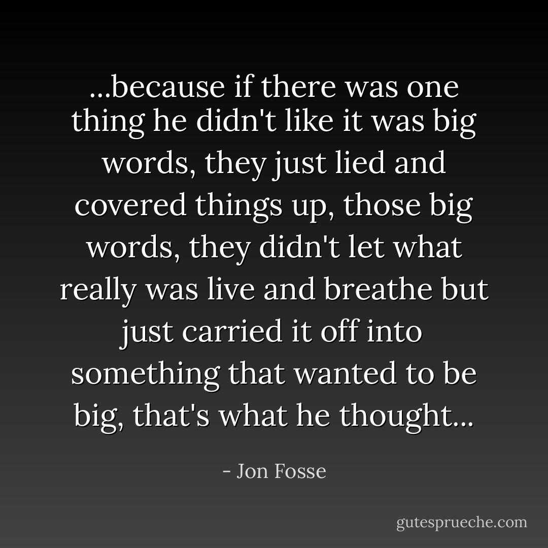 ...because if there was one thing he didn't like it was big words, they just lied and covered things up, those big words, they didn't let what really was live and breathe but just carried it off into something that wanted to be big, that's what he thought... - Jon Fosse