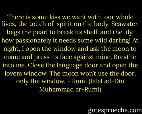 There is some kiss we want with <br />our whole lives, the touch of <br />spirit on the body. Seawater<br />begs the pearl to break its shell.<br />and the lily, how passionately<br />it needs some wild darling! At<br />night, I open the window and ask<br />the moon to come and press its<br />face against mine. Breathe into<br />me. Close the language door and<br />open the lovers window. The moon<br />won’t use the door, only the window. - Rumi (Jalal ad-Din Muhammad ar-Rumi)