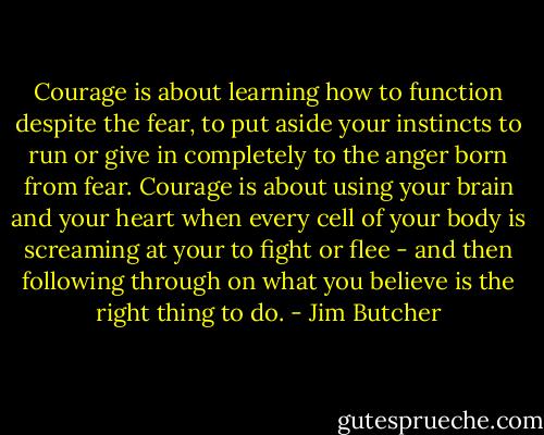 Courage is about learning how to function despite the fear, to put aside your instincts to run or give in completely to the anger born from fear. Courage is about using your brain and your heart when every cell of your body is screaming at your to fight or flee - and then following through on what you believe is the right thing to do. - Jim Butcher