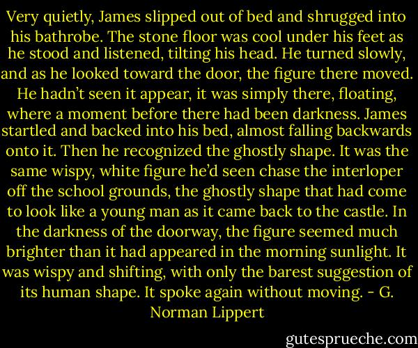 Very quietly, James slipped out of bed and shrugged into his bathrobe. The stone floor was cool under his feet as he stood and listened, tilting his head. He turned slowly, and as he looked toward the door, the figure there moved. He hadn’t seen it appear, it was simply there, floating, where a moment before there had been darkness. James startled and backed into his bed, almost falling backwards onto it. Then he recognized the ghostly shape. It was the same wispy, white figure he’d seen chase the interloper off the school grounds, the ghostly shape that had come to look like a young man as it came back to the castle. In the darkness of the doorway, the figure seemed much brighter than it had appeared in the morning sunlight. It was wispy and shifting, with only the barest suggestion of its human shape. It spoke again without moving. - G. Norman Lippert