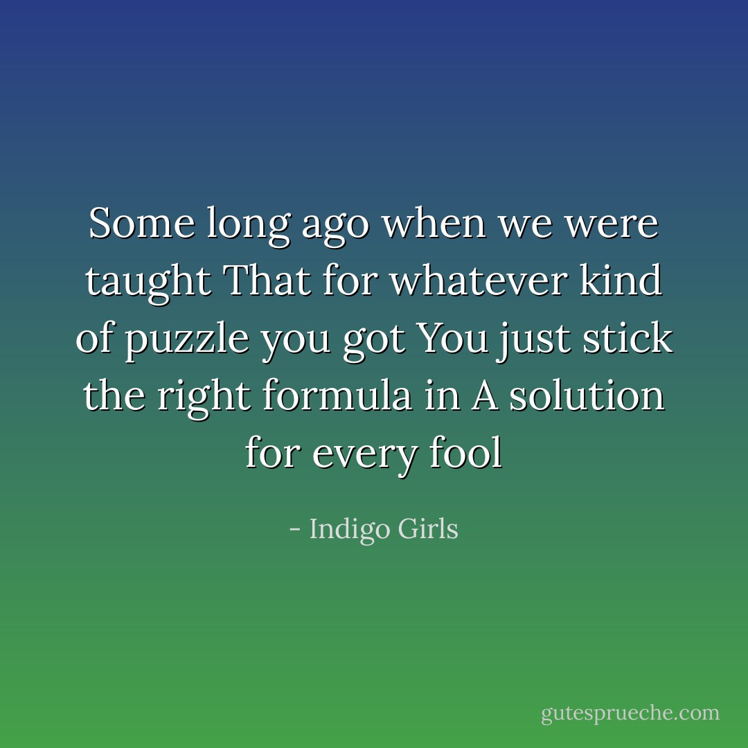Some long ago when we were taught<br />That for whatever kind of puzzle you got<br />You just stick the right formula in<br />A solution for every fool - Indigo Girls