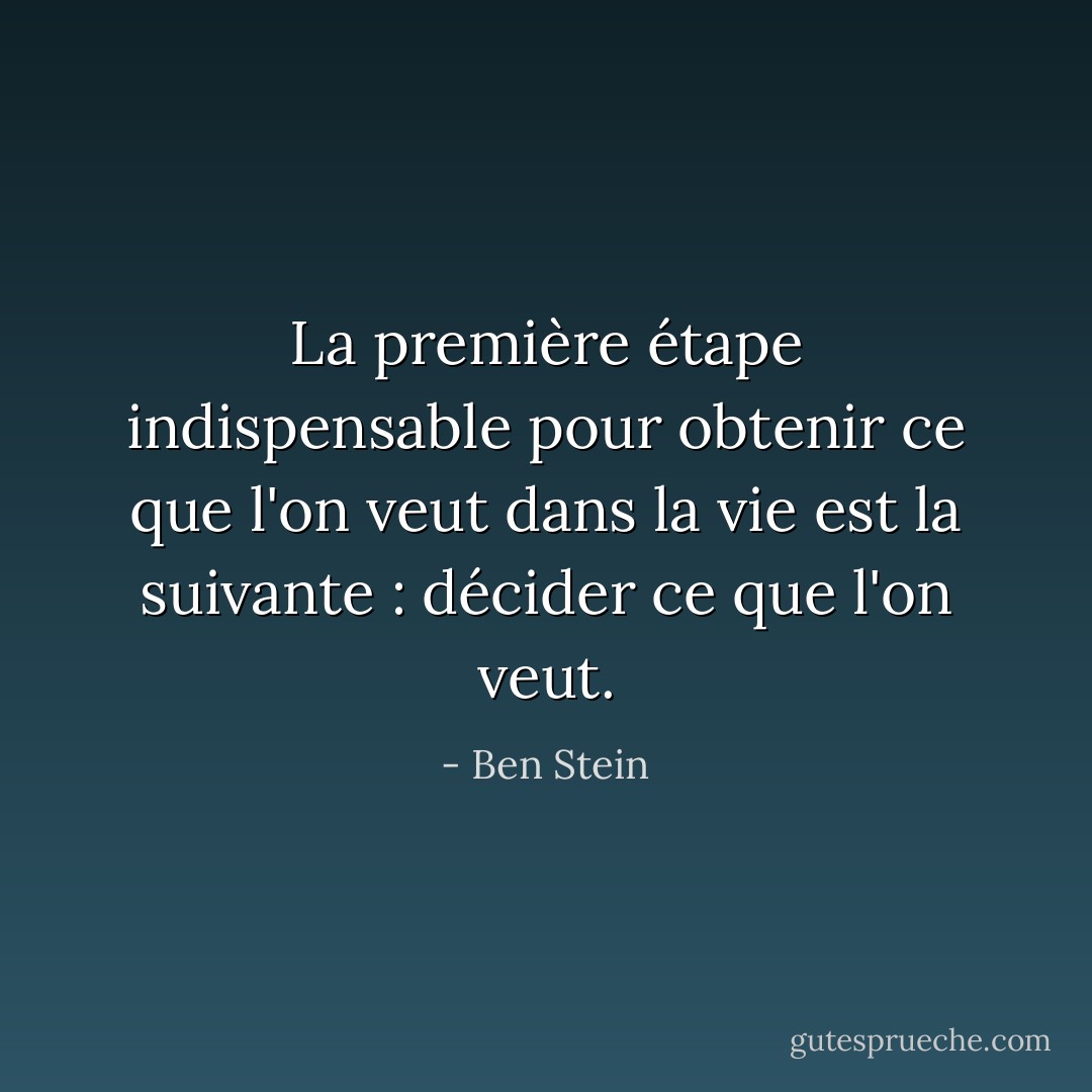 La première étape indispensable pour obtenir ce que l'on veut dans la vie est la suivante : décider ce que l'on veut. - Ben Stein