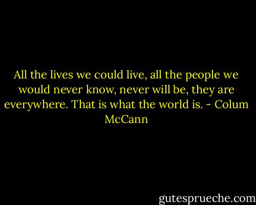 All the lives we could live, all the people we would never know, never will be, they are everywhere. That is what the world is. - Colum McCann