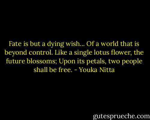 Fate is but a dying wish... Of a world that is beyond control. Like a single lotus flower, the future blossoms; Upon its petals, two people shall be free. - Youka Nitta