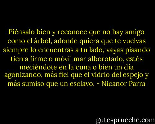 Piénsalo bien y reconoce<br />que no hay amigo como el árbol,<br />adonde quiera que te vuelvas<br />siempre lo encuentras a tu lado,<br />vayas pisando tierra firme<br />o móvil mar alborotado,<br />estés meciéndote en la cuna<br />o bien un día agonizando,<br />más fiel que el vidrio del espejo<br />y más sumiso que un esclavo. - Nicanor Parra