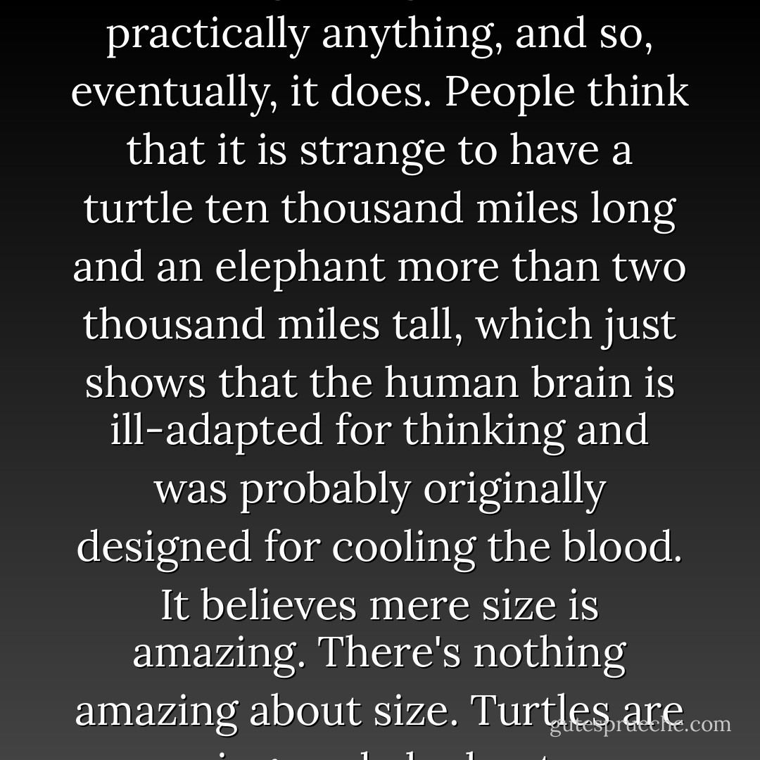 The <i>place</i> where the story happened was a world on the back of four elephants perched on the shell of a giant turtle. That's the advantage of space. It's big enough to hold practically <i>anything</i>, and so, eventually, it does.<br />People think that it is strange to have a turtle ten thousand miles long and an elephant more than two thousand miles tall, which just shows that the human brain is ill-adapted for thinking and was probably originally designed for cooling the blood. It believes mere size is <i>amazing</i>.<br />There's nothing amazing about size. Turtles are amazing, and elephants are quite astonishing. But the fact that there's a big turtle is far less amazing than the fact that there is a turtle <i>anywhere</i>. - Terry Pratchett