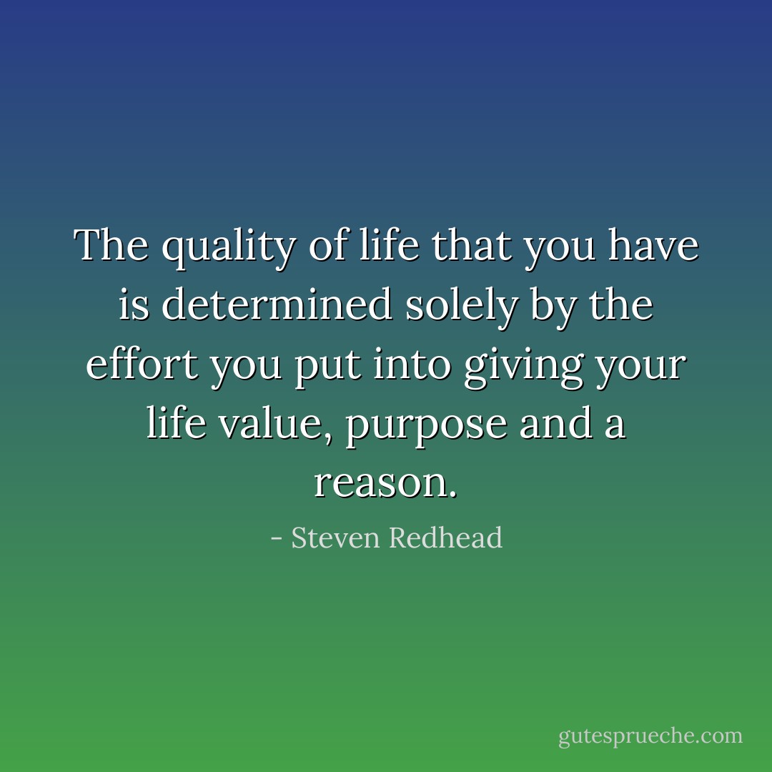 The quality of life that you have is determined solely by the effort you put into giving your life value, purpose and a reason. - Steven Redhead
