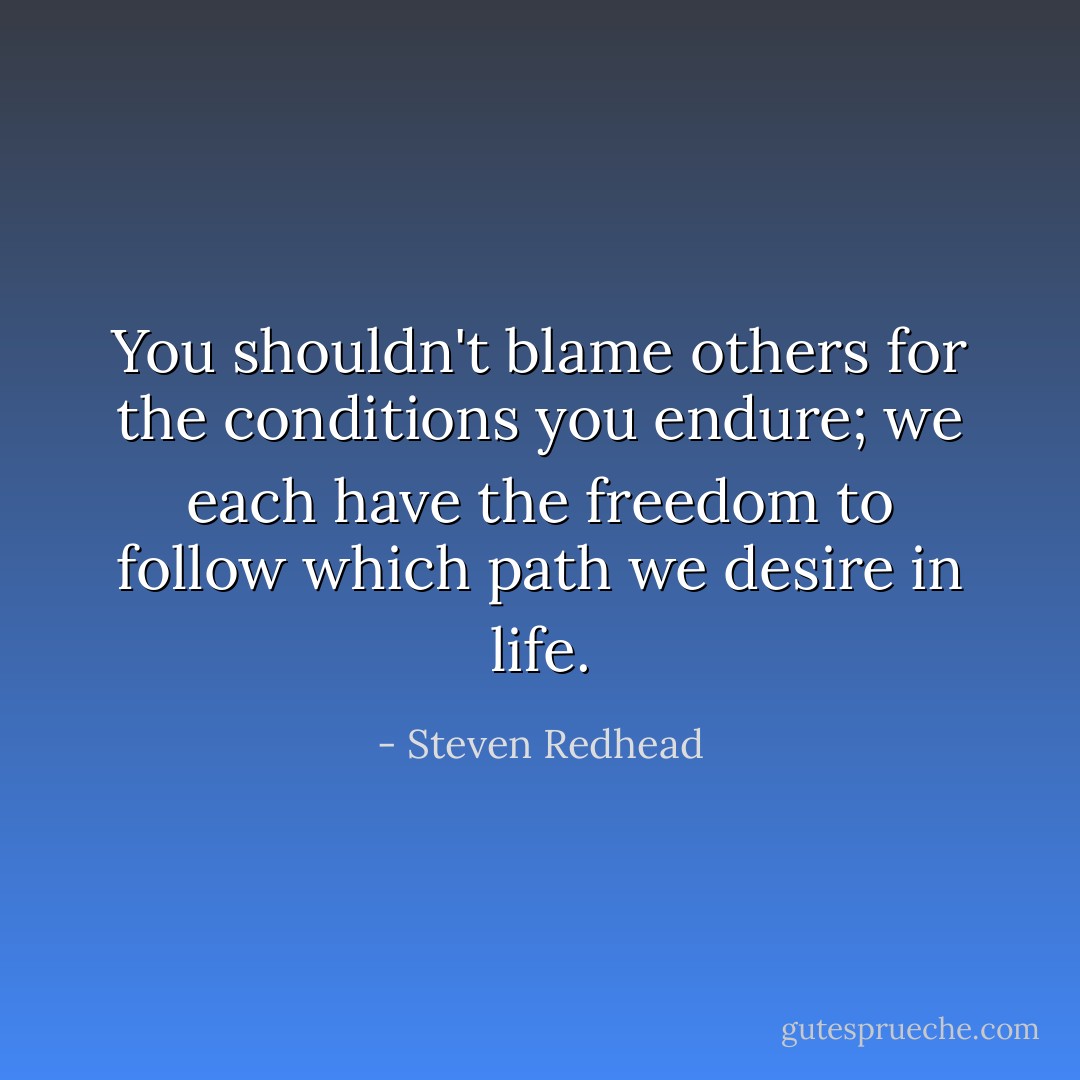 You shouldn't blame others for the conditions you endure; we each have the freedom to follow which path we desire in life. - Steven Redhead