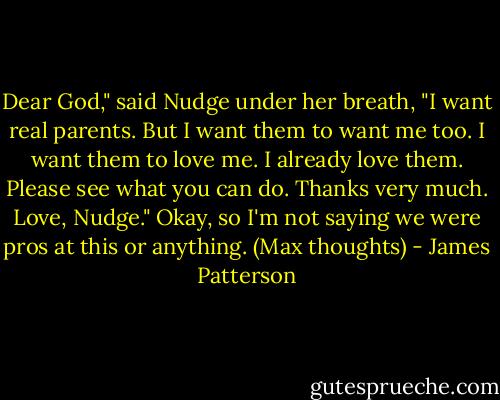 Dear God," said Nudge under her breath, "I want real parents. But I want them to want me too. I want<br />them to love me. I already love them. Please see what you can do. Thanks very much. Love, Nudge."<br />Okay, so I'm not saying we were pros at this or anything. (Max thoughts) - James Patterson