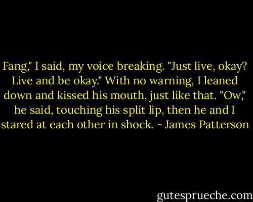 Fang," I said, my voice breaking. "Just live, okay? Live and be okay."<br />With no warning, I leaned down and kissed his mouth, just like that.<br />"Ow," he said, touching his split lip, then he and I stared at each other in shock. - James Patterson