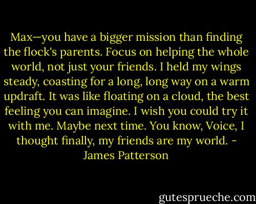 Max—you have a bigger mission than finding the flock's parents. Focus on helping the whole world,<br />not just your friends.<br />I held my wings steady, coasting for a long, long way on a warm updraft. It was like floating on a<br />cloud, the best feeling you can imagine. I wish you could try it with me. Maybe next time.<br />You know, Voice, I thought finally, my friends are my world. - James Patterson