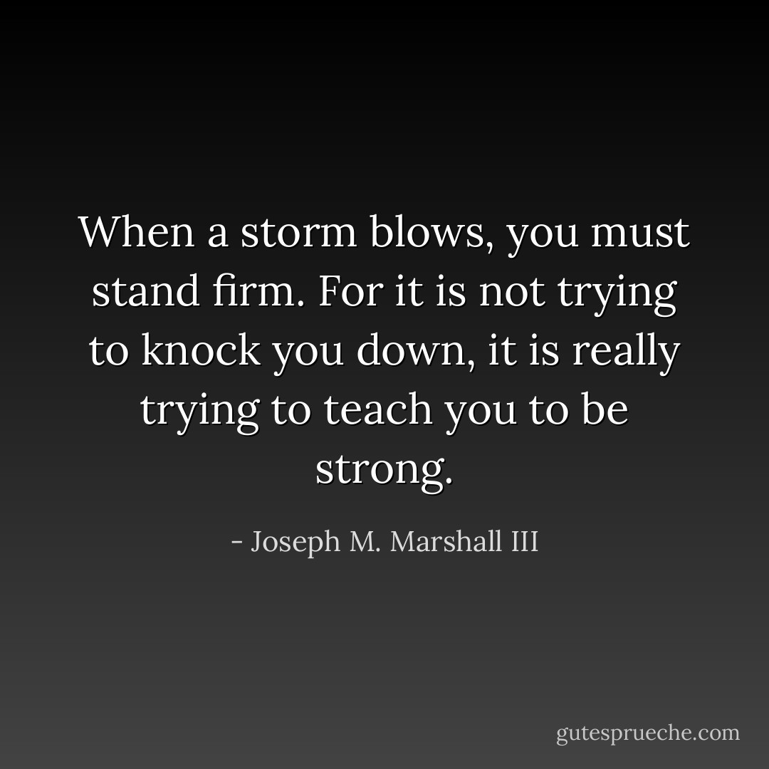 When a storm blows, you must stand firm. For it is not trying to knock you down, it is really trying to teach you to be strong. - Joseph M. Marshall III