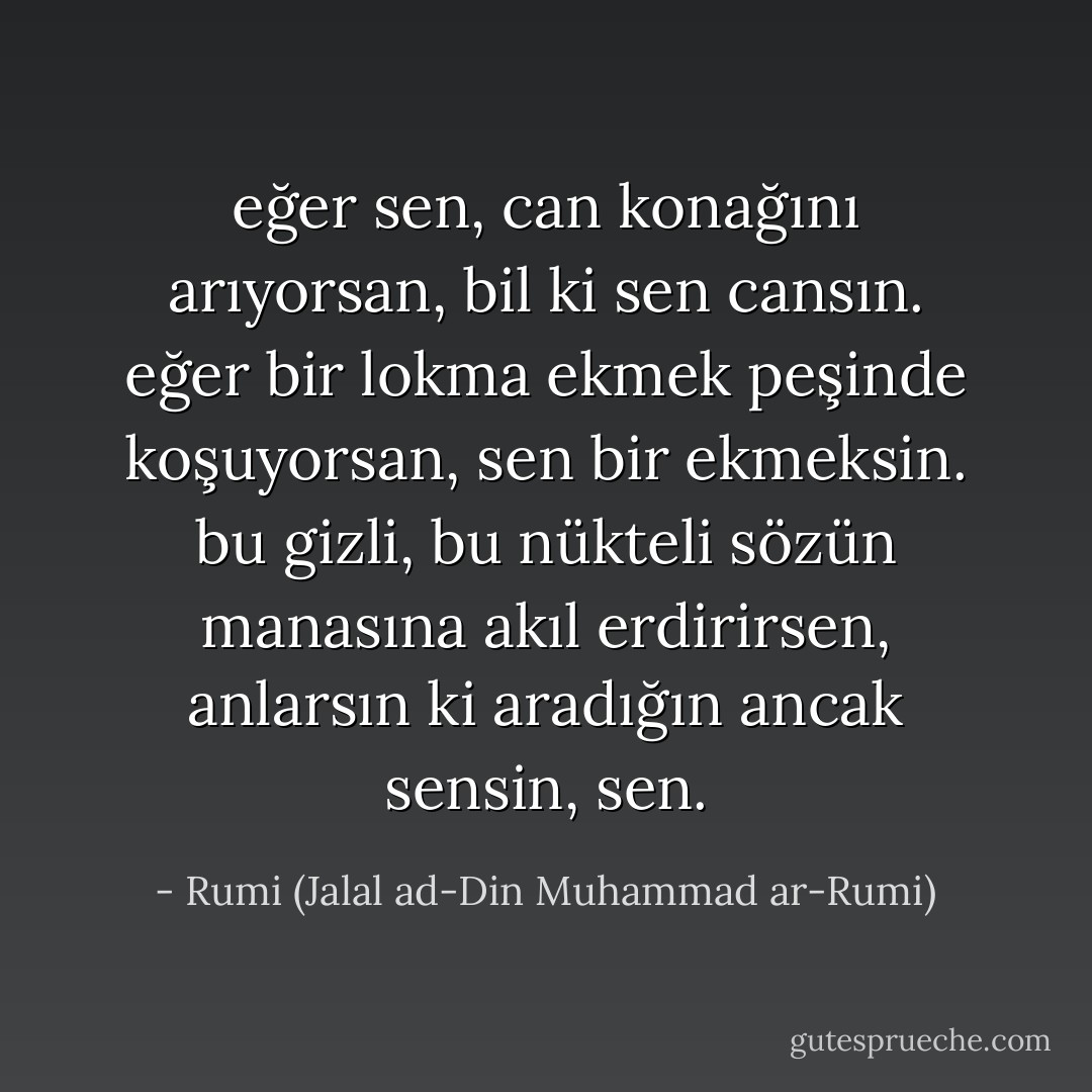 eğer sen, can konağını arıyorsan, bil ki sen cansın.<br />eğer bir lokma ekmek peşinde koşuyorsan, sen bir ekmeksin.<br />bu gizli, bu nükteli sözün manasına akıl erdirirsen, anlarsın ki<br />aradığın ancak sensin, sen. - Rumi (Jalal ad-Din Muhammad ar-Rumi)