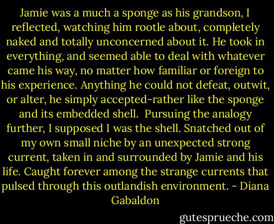 Jamie was a much a sponge as his grandson, I reflected, watching him rootle about, completely naked and totally unconcerned about it. He took in everything, and seemed able to deal with whatever came his way, no matter how familiar or foreign to his experience.<br />Anything he could not defeat, outwit, or alter, he simply accepted-rather like the sponge and its embedded shell.<br /><br />Pursuing the analogy further, I supposed I was the shell. Snatched out of my own small niche by an unexpected strong current, taken in and surrounded by Jamie and his life. Caught forever among the strange currents that pulsed through this outlandish environment. - Diana Gabaldon