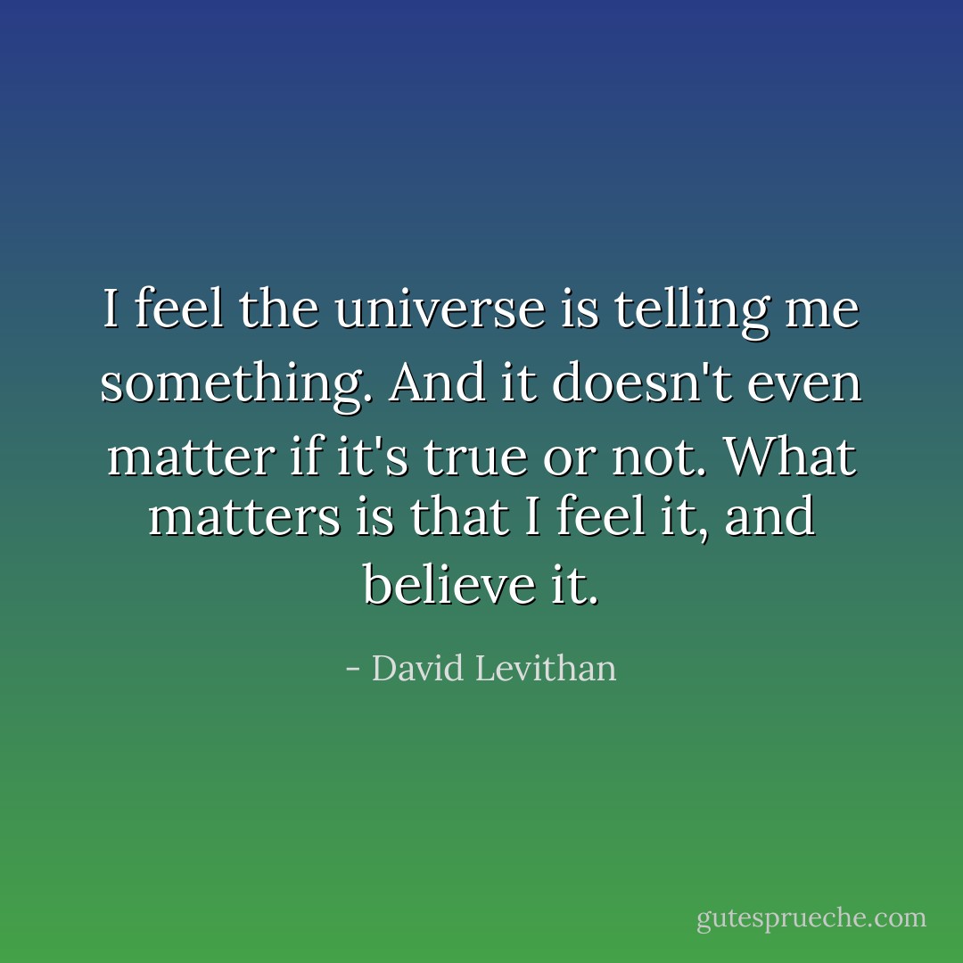 I feel the universe is telling me something. And it doesn't even matter if it's true or not. What matters is that I feel it, and believe it. - David Levithan