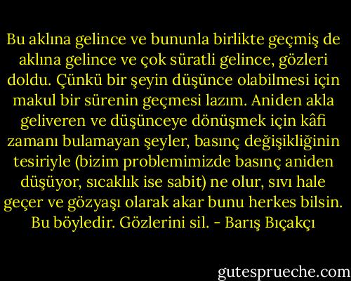 Bu aklına gelince ve bununla birlikte geçmiş de aklına gelince ve çok süratli gelince, gözleri doldu. Çünkü bir şeyin düşünce olabilmesi için makul bir sürenin geçmesi lazım. Aniden akla geliveren ve düşünceye dönüşmek için kâfi zamanı bulamayan şeyler, basınç değişikliğinin tesiriyle (bizim problemimizde basınç aniden düşüyor, sıcaklık ise sabit) ne olur, sıvı hale geçer ve gözyaşı olarak akar bunu herkes bilsin. Bu böyledir. Gözlerini sil. - Barış Bıçakçı