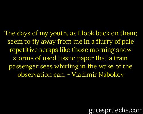 The days of my youth, as I look back on them; seem to fly away from me in a flurry of pale repetitive scraps like those morning snow storms of used tissue paper that a train passenger sees whirling in the wake of the observation can. - Vladimir Nabokov