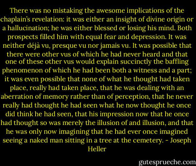 There was no mistaking the awesome implications of the chaplain’s revelation: it was either an insight of divine origin or a hallucination; he was either blessed or losing his mind. Both prospects filled him with equal fear and depression. It was neither déjà vu, presque vu nor jamais vu. It was possible that there were other vus of which he had never heard and that one of these other vus would explain succinctly the baffling phenomenon of which he had been both a witness and a part; it was even possible that none of what he thought had taken place, really had taken place, that he was dealing with an aberration of memory rather than of perception, that he never really had thought he had seen what he now thought he once did think he had seen, that his impression now that he once had thought so was merely the illusion of and illusion, and that he was only now imagining that he had ever once imagined seeing a naked man sitting in a tree at the cemetery. - Joseph Heller