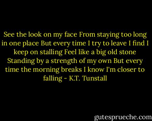 See the look on my face<br />From staying too long in one place<br />But every time I try to leave<br />I find I keep on stalling<br />Feel like a big old stone<br />Standing by a strength of my own<br />But every time the morning breaks<br />I know I'm closer to falling - K.T. Tunstall