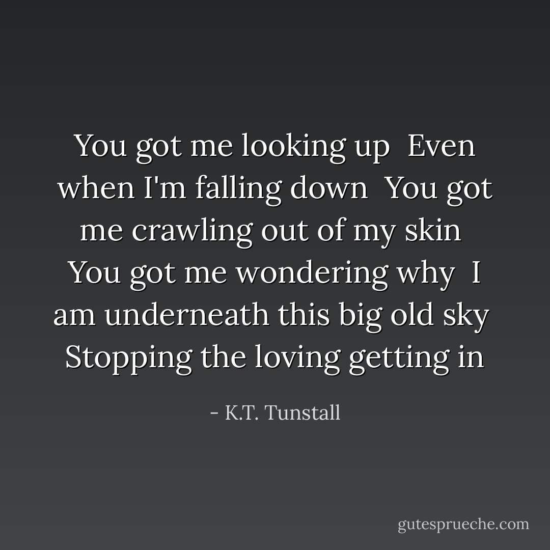 You got me looking up <br />Even when I'm falling down <br />You got me crawling out of my skin <br />You got me wondering why <br />I am underneath this big old sky <br />Stopping the loving getting in - K.T. Tunstall
