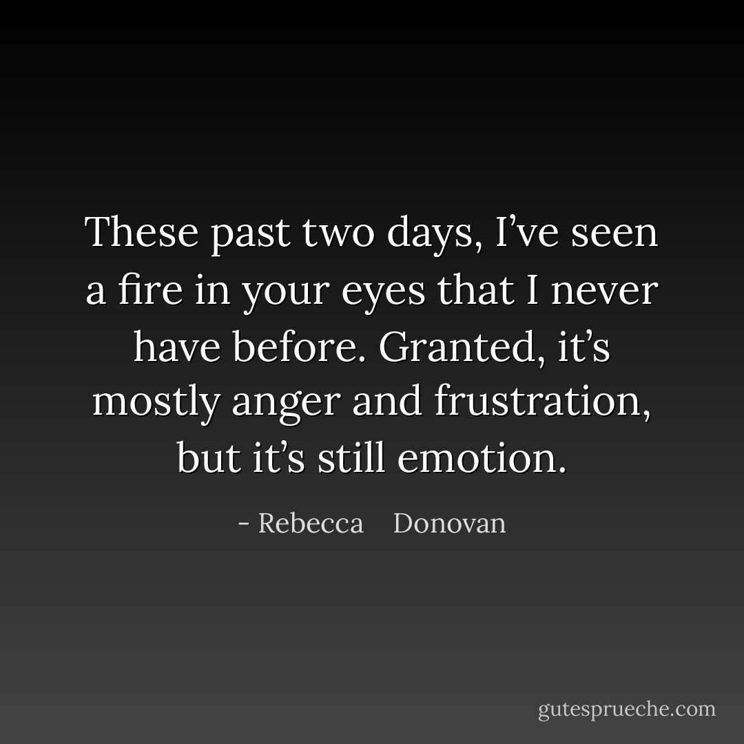 These past two days, I’ve seen a fire in your eyes that I never have before. Granted, it’s mostly anger and frustration, but it’s still emotion. - Rebecca    Donovan