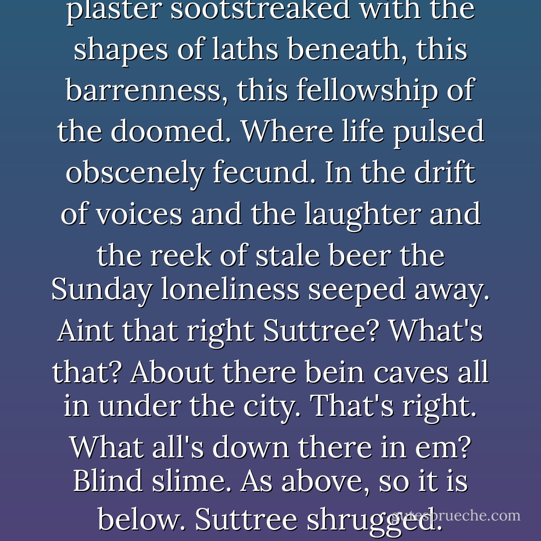 He waved away the whiskeybottle with a smile. In this tall room, the cracked plaster sootstreaked with the shapes of laths beneath, this barrenness, this fellowship of the doomed. Where life pulsed obscenely fecund. In the drift of voices and the laughter and the reek of stale beer the Sunday loneliness seeped away.<br />Aint that right Suttree?<br />What's that?<br />About there bein caves all in under the city.<br />That's right.<br />What all's down there in em?<br />Blind slime. As above, so it is below. Suttree shrugged.<br />Nothing that I know of, he said. They're just some caves. - Cormac McCarthy