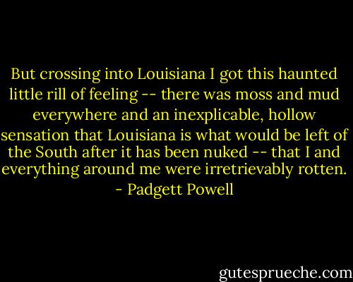 But crossing into Louisiana I got this haunted little rill of feeling -- there was moss and mud everywhere and an inexplicable, hollow sensation that Louisiana is what would be left of the South after it has been nuked -- that I and everything around me were irretrievably rotten. - Padgett Powell