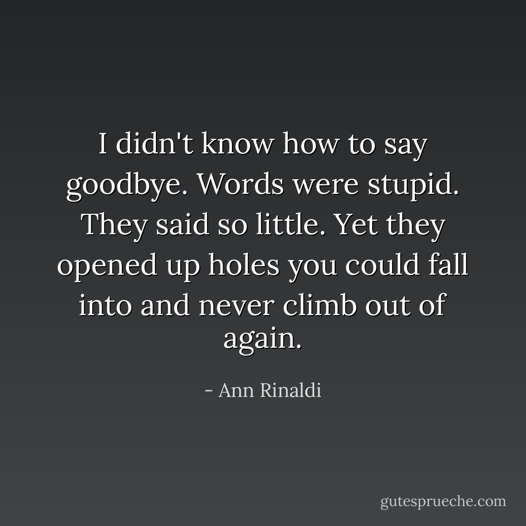 I didn't know how to say goodbye. Words were stupid. They said so little. Yet they opened up holes you could fall into and never climb out of again. - Ann Rinaldi