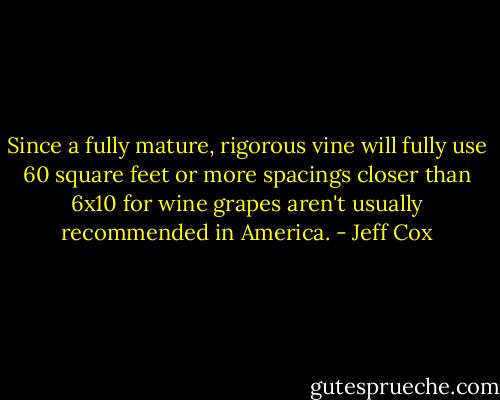 Since a fully mature, rigorous vine will fully use 60 square feet or more spacings closer than 6x10 for wine grapes aren't usually recommended in America. - Jeff Cox