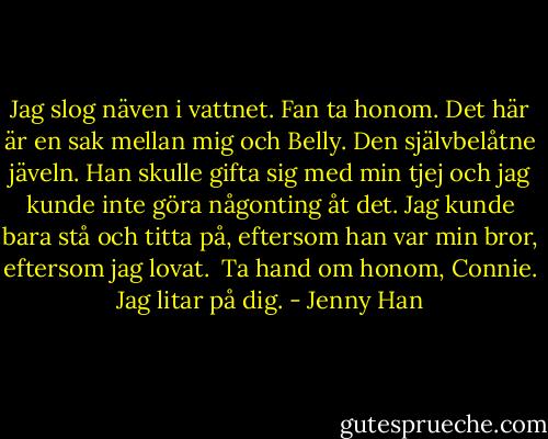 Jag slog näven i vattnet. Fan ta honom.<br />Det här är en sak mellan mig och Belly.<br />Den självbelåtne jäveln.<br />Han skulle gifta sig med min tjej och jag kunde inte göra någonting åt det.<br />Jag kunde bara stå och titta på, eftersom han var min bror, eftersom jag lovat.<br /><br />Ta hand om honom, Connie. Jag litar på dig. - Jenny Han