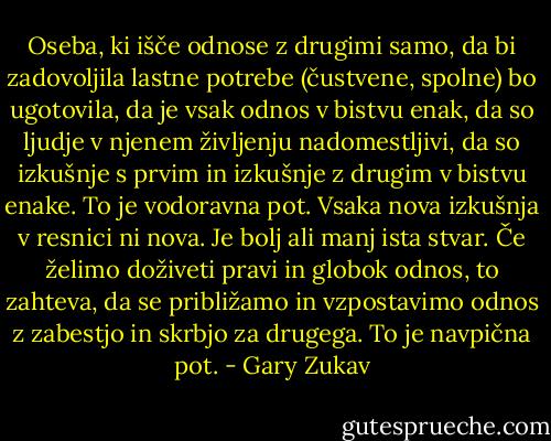 Oseba, ki išče odnose z drugimi samo, da bi zadovoljila lastne potrebe (čustvene, spolne) bo ugotovila, da je vsak odnos v bistvu enak, da so ljudje v njenem življenju nadomestljivi, da so izkušnje s prvim in izkušnje z drugim v bistvu enake. To je vodoravna pot. Vsaka nova izkušnja v resnici ni nova. Je bolj ali manj ista stvar. Če želimo doživeti pravi in globok odnos, to zahteva, da se približamo in vzpostavimo odnos z zabestjo in skrbjo za drugega. To je navpična pot. - Gary Zukav