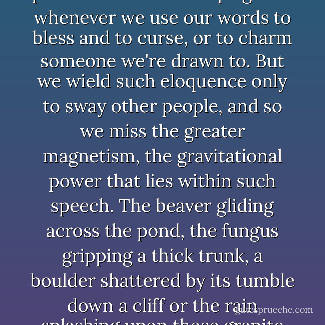Human language, for us moderns, has swung in on itself, turning its back on the beings around us. Language is a human property, suitable only for communication with other persons. We talk to people; we do not speak to the ground underfoot. We've largely forgotten the incantatory and invocational use of speech as a way of bringing ourselves into deeper rapport with the beings around us, or of calling the living land into resonance with us. It is a power we still brush up against whenever we use our words to bless and to curse, or to charm someone we're drawn to. But we wield such eloquence only to sway other people, and so we miss the greater magnetism, the gravitational power that lies within such speech. The beaver gliding across the pond, the fungus gripping a thick trunk, a boulder shattered by its tumble down a cliff or the rain splashing upon those granite fragments -- we talk <em>about</em> such beings, the weather and the weathered stones, but we do not talk <em>to</em> them.<br /><br />Entranced by the denotative power of words to define, to order, to <em>represent</em> the things around us, we've overlooked the songful dimension of language so obvious to our oral [storytelling] ancestors. We've lost our ear for the music of language -- for the rhythmic, melodic layer of speech by which earthly things overhear <em>us</em>. - David Abram
