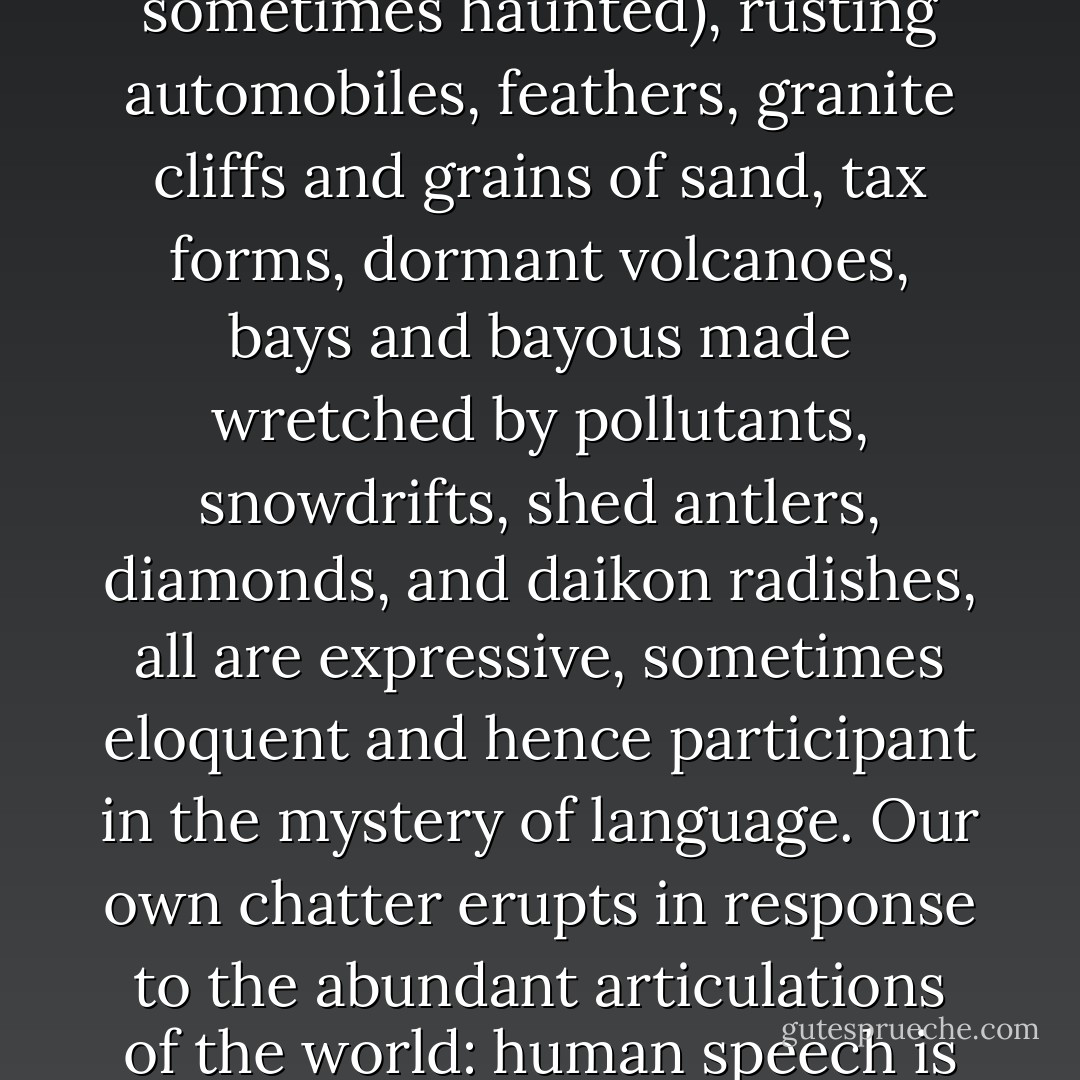 All things have the capacity for speech -- all beings have the ability to communicate something of themselves to other beings. Indeed, what is <em>perception</em> if not the experience of this gregarious, communicative power of things, wherein even obstensibly 'inert' objects radiate out of themselves, conveying their shapes, hues, and rhythms to other beings and to us, influencing and informing our breathing bodies though we stand far apart from those things?<br /><br />Not just animals and plants, then, but tumbling waterfalls and dry riverbeds, gusts of wind, compost piles and cumulus clouds, freshly painted houses (as well as houses abandoned and sometimes haunted), rusting automobiles, feathers, granite cliffs and grains of sand, tax forms, dormant volcanoes, bays and bayous made wretched by pollutants, snowdrifts, shed antlers, diamonds, and daikon radishes, all are expressive, sometimes eloquent and hence participant in the mystery of language. Our own chatter erupts in response to the abundant articulations of the world: human speech is simply our part of a much broader conversation.<br /><br />It follows that the myriad things are also listening, or attending, to various signs and gestures around them. Indeed, when we are at ease in our animal flesh, we will sometimes feel we are being listened to, or sensed, by the earthly surroundings. And so we take deeper care with our speaking, mindful that our sounds may carry more than a merely human meaning and resonance. This care -- this full-bodied alertness -- is the ancient, ancestral source of all word magic. It is the practice of attention to the uncanny power that lives in our spoken phrases to touch and sometimes transform the tenor of the world's unfolding. - David Abram
