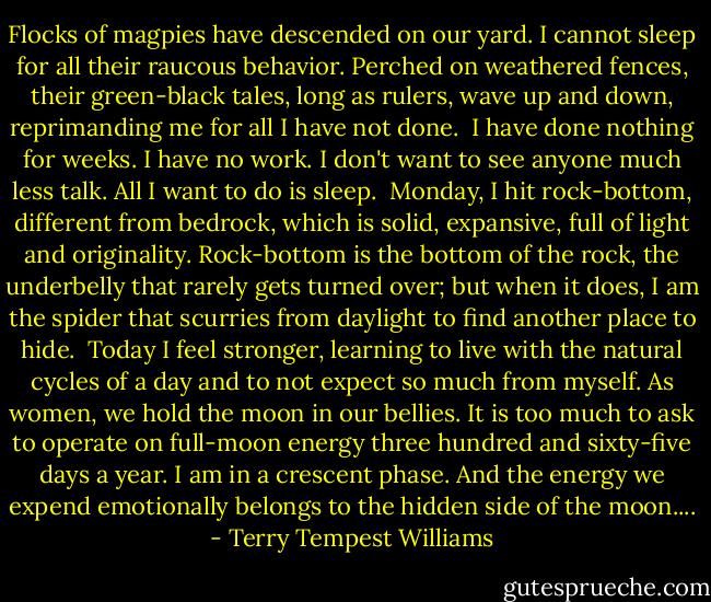 Flocks of magpies have descended on our yard. I cannot sleep for all their raucous behavior. Perched on weathered fences, their green-black tales, long as rulers, wave up and down, reprimanding me for all I have not done.<br /><br />I have done nothing for weeks. I have no work. I don't want to see anyone much less talk. All I want to do is sleep.<br /><br />Monday, I hit rock-bottom, different from bedrock, which is solid, expansive, full of light and originality. Rock-bottom is the bottom of the rock, the underbelly that rarely gets turned over; but when it does, I am the spider that scurries from daylight to find another place to hide.<br /><br />Today I feel stronger, learning to live with the natural cycles of a day and to not expect so much from myself. As women, we hold the moon in our bellies. It is too much to ask to operate on full-moon energy three hundred and sixty-five days a year. I am in a crescent phase. And the energy we expend emotionally belongs to the hidden side of the moon.... - Terry Tempest Williams