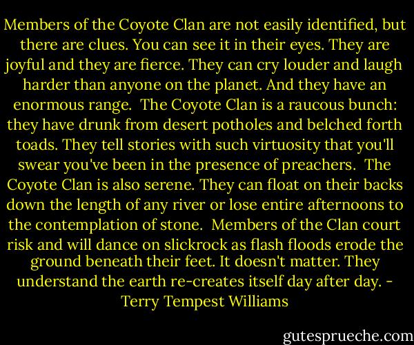 Members of the Coyote Clan are not easily identified, but there are clues. You can see it in their eyes. They are joyful and they are fierce. They can cry louder and laugh harder than anyone on the planet. And they have an enormous range.<br /><br />The Coyote Clan is a raucous bunch: they have drunk from desert potholes and belched forth toads. They tell stories with such virtuosity that you'll swear you've been in the presence of preachers.<br /><br />The Coyote Clan is also serene. They can float on their backs down the length of any river or lose entire afternoons to the contemplation of stone.<br /><br />Members of the Clan court risk and will dance on slickrock as flash floods erode the ground beneath their feet. It doesn't matter. They understand the earth re-creates itself day after day. - Terry Tempest Williams