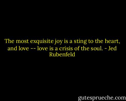 The most exquisite joy is a sting to the heart, and love -- love is a crisis of the soul. - Jed Rubenfeld