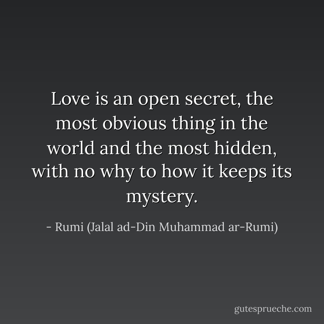 Love is an open secret, the most obvious thing in the world and the most hidden, with no why to how it keeps its mystery. - Rumi (Jalal ad-Din Muhammad ar-Rumi)