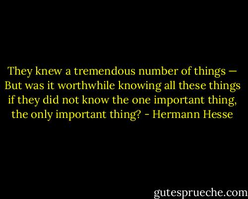 They knew a tremendous number of things — But was it worthwhile knowing all these things if they did not know the one important thing, the only important thing? - Hermann Hesse