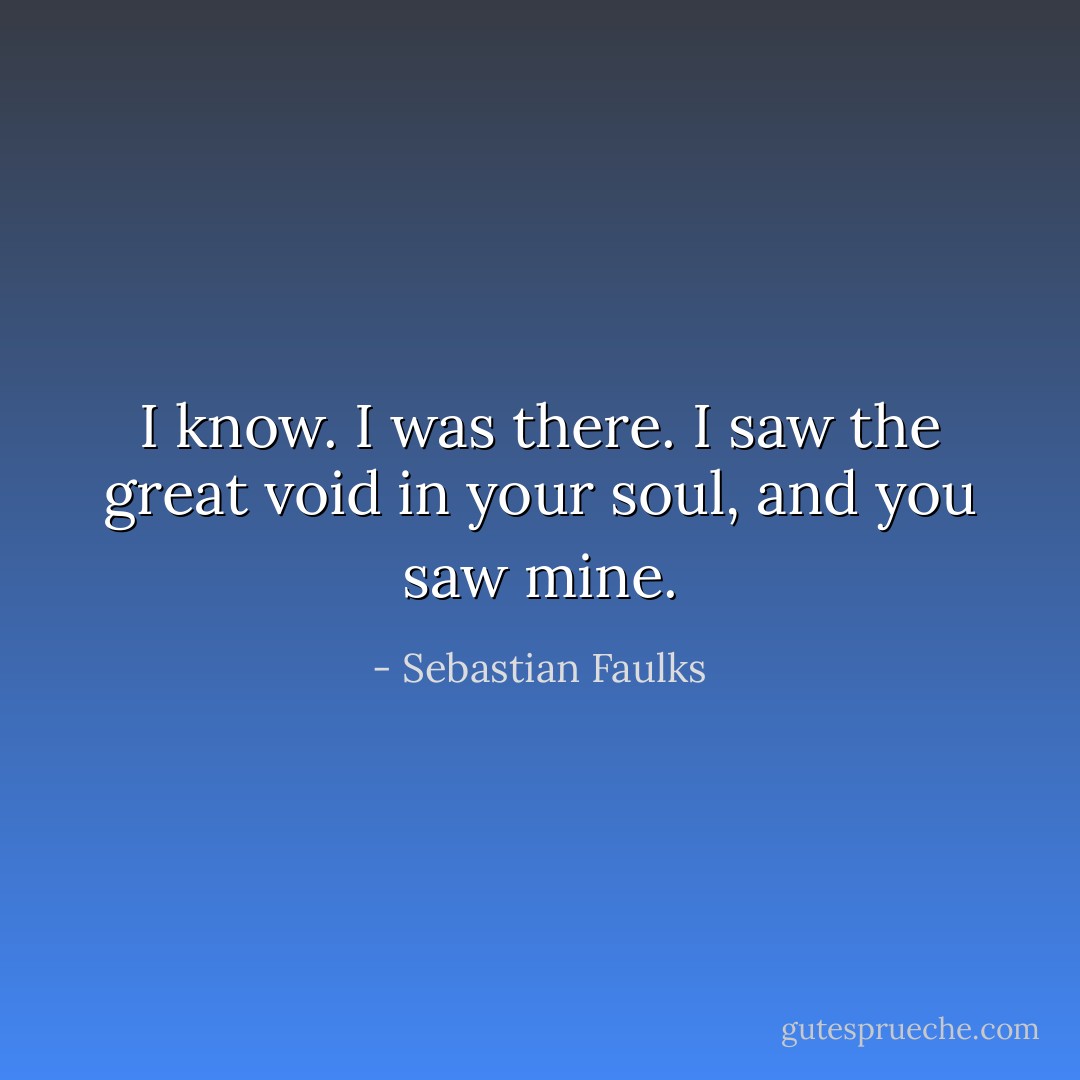 I know. I was there. I saw the great void in your soul, and you saw mine. - Sebastian Faulks