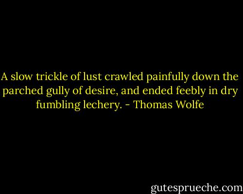 A slow trickle of lust crawled painfully down the parched gully of desire, and ended feebly in dry fumbling lechery. - Thomas Wolfe
