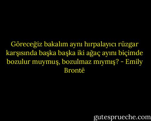 Göreceğiz bakalım aynı hırpalayıcı rüzgar karşısında başka başka iki ağaç ayını biçimde bozulur muymuş, bozulmaz mıymış? - Emily Brontë