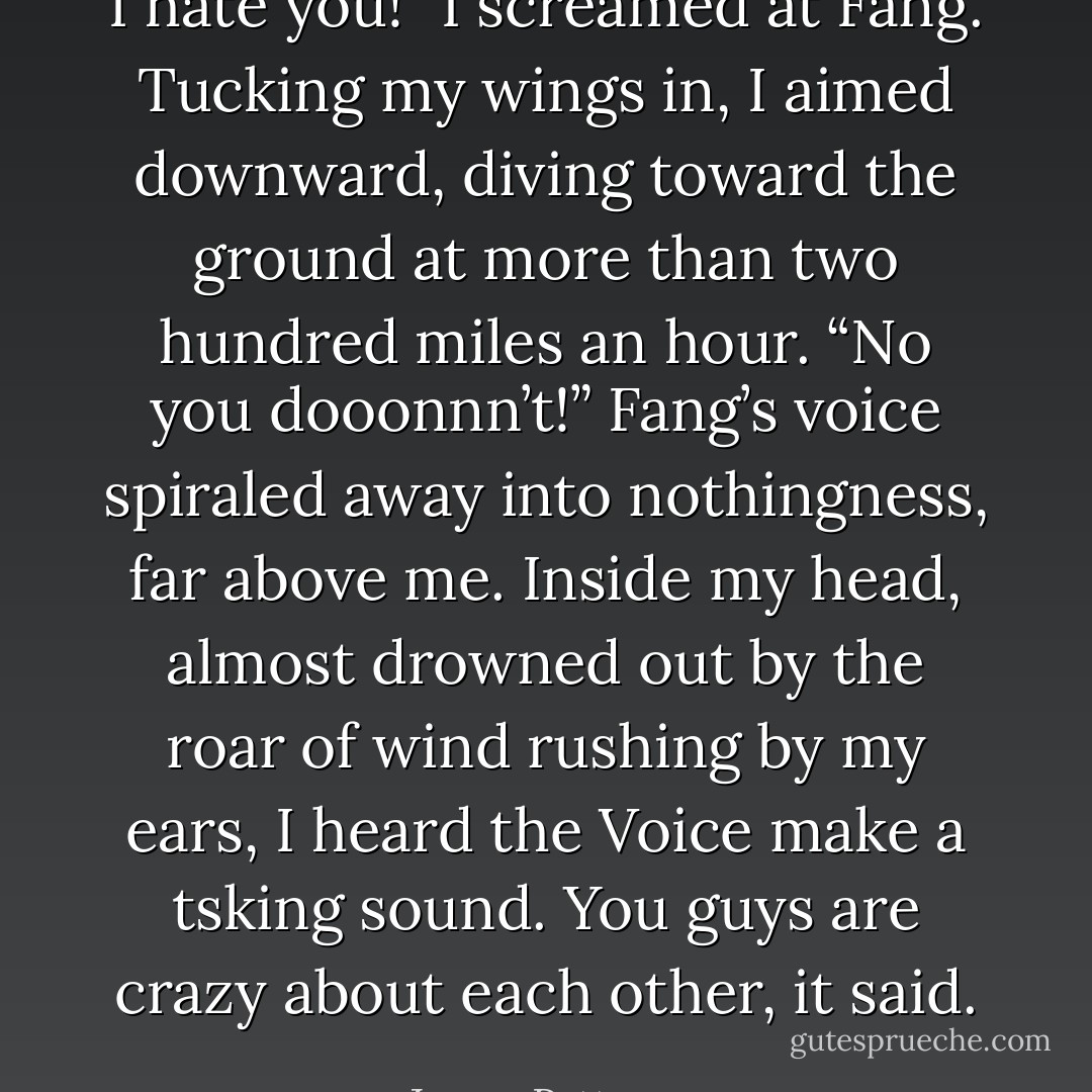 I hate you!” I screamed at Fang. Tucking my wings in, I aimed downward,<br />diving toward the ground at more than two hundred miles an hour.<br />“No you dooonnn’t!” Fang’s voice spiraled away into nothingness, far above<br />me.<br />Inside my head, almost drowned out by the roar of wind rushing by my ears, I<br />heard the Voice make a tsking sound. You guys are crazy about each other, it<br />said. - James Patterson