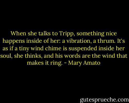 When she talks to Tripp, something nice happens inside of her: a vibration, a thrum. It's as if a tiny wind chime is suspended inside her soul, she thinks, and his words are the wind that makes it ring. - Mary Amato