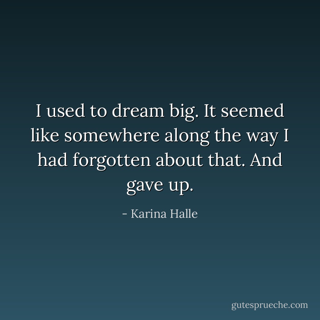I used to dream big. It seemed like somewhere along the way I had forgotten about that. And gave up. - Karina Halle