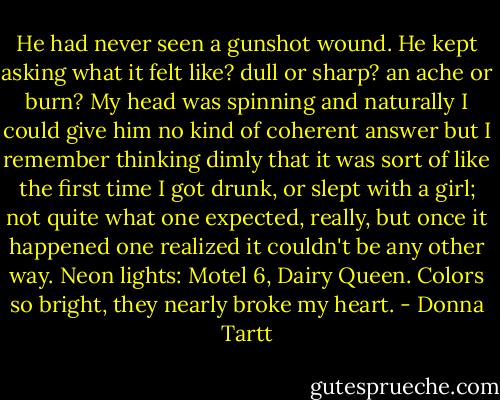 He had never seen a gunshot wound. He kept asking what it felt like? dull or sharp? an ache or burn? My head was spinning and naturally I could give him no kind of coherent answer but I remember thinking dimly that it was sort of like the first time I got drunk, or slept with a girl; not quite what one expected, really, but once it happened one realized it couldn't be any other way. Neon lights: Motel 6, Dairy Queen. Colors so bright, they nearly broke my heart. - Donna Tartt