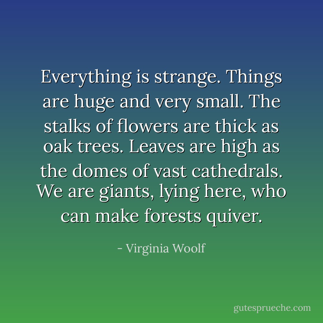 Everything is strange. Things are huge and very small. The stalks of flowers are thick as oak trees. Leaves are high as the domes of vast cathedrals. We are giants, lying here, who can make forests quiver. - Virginia Woolf