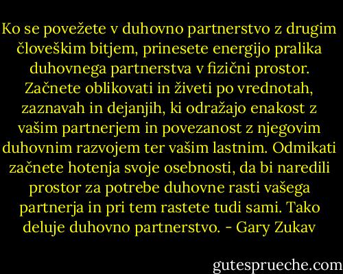 Ko se povežete v duhovno partnerstvo z drugim človeškim bitjem, prinesete energijo pralika duhovnega partnerstva v fizični prostor. Začnete oblikovati in živeti po vrednotah, zaznavah in dejanjih, ki odražajo enakost z vašim partnerjem in povezanost z njegovim duhovnim razvojem ter vašim lastnim. Odmikati začnete hotenja svoje osebnosti, da bi naredili prostor za potrebe duhovne rasti vašega partnerja in pri tem rastete tudi sami. Tako deluje duhovno partnerstvo. - Gary Zukav