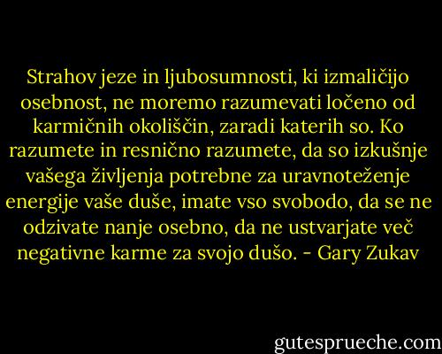 Strahov jeze in ljubosumnosti, ki izmaličijo osebnost, ne moremo razumevati ločeno od karmičnih okoliščin, zaradi katerih so. Ko razumete in resnično razumete, da so izkušnje vašega življenja potrebne za uravnoteženje energije vaše duše, imate vso svobodo, da se ne odzivate nanje osebno, da ne ustvarjate več negativne karme za svojo dušo. - Gary Zukav