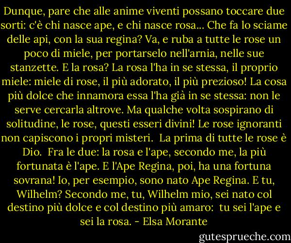 Dunque, pare che alle anime viventi possano toccare due sorti: c'è chi nasce ape, e chi nasce rosa...<br />Che fa lo sciame delle api, con la sua regina? Va, e ruba a tutte le rose un poco di miele, per portarselo nell'arnia, nelle sue stanzette. E la rosa? La rosa l'ha in se stessa, il proprio miele: miele di rose, il più adorato, il più prezioso! La cosa più dolce che innamora essa l'ha già in se stessa: non le serve cercarla altrove. Ma qualche volta sospirano di solitudine, le rose, questi esseri divini! Le rose ignoranti non capiscono i propri misteri.<br /><br />La prima di tutte le rose è Dio.<br /><br />Fra le due: la rosa e l'ape, secondo me, la più fortunata è l'ape. E l'Ape Regina, poi, ha una fortuna sovrana! Io, per esempio, sono nato Ape Regina. E tu, Wilhelm? Secondo me, tu, Wilhelm mio, sei nato col destino più dolce e col destino più amaro:<br /><br />tu sei l'ape e sei la rosa. - Elsa Morante